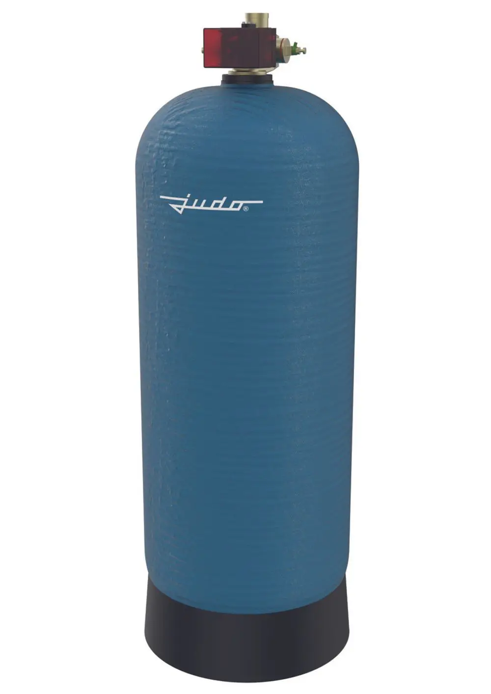 Blauer Zylinder mit einer strukturierten Oberfläche und einem Ventil oben. Der Zylinder hat eine schwarze Basis und ist mit dem Logo "Judo" versehen.